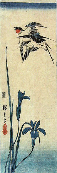 WikiOO.org - אנציקלופדיה לאמנויות יפות - ציור, יצירות אמנות Ando Hiroshige - Sparrow Flying Over Irises