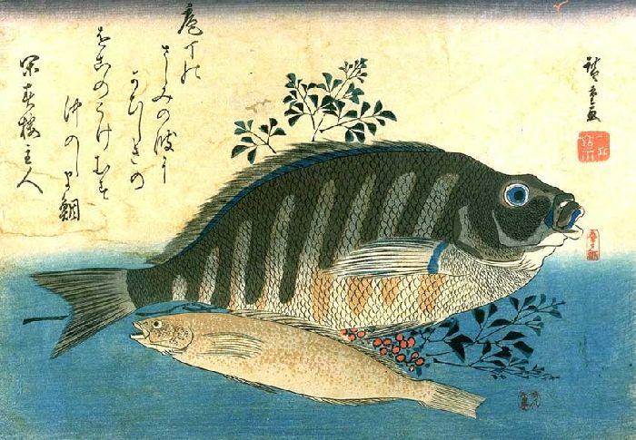 Wikioo.org - The Encyclopedia of Fine Arts - Painting, Artwork by Ando Hiroshige - Spotted Bream and Nandina