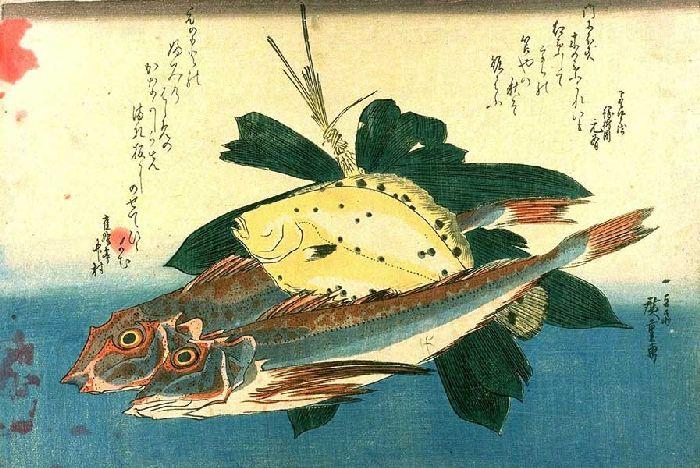 WikiOO.org – 美術百科全書 - 繪畫，作品 Ando Hiroshige - 两个Gunnard和比目鱼