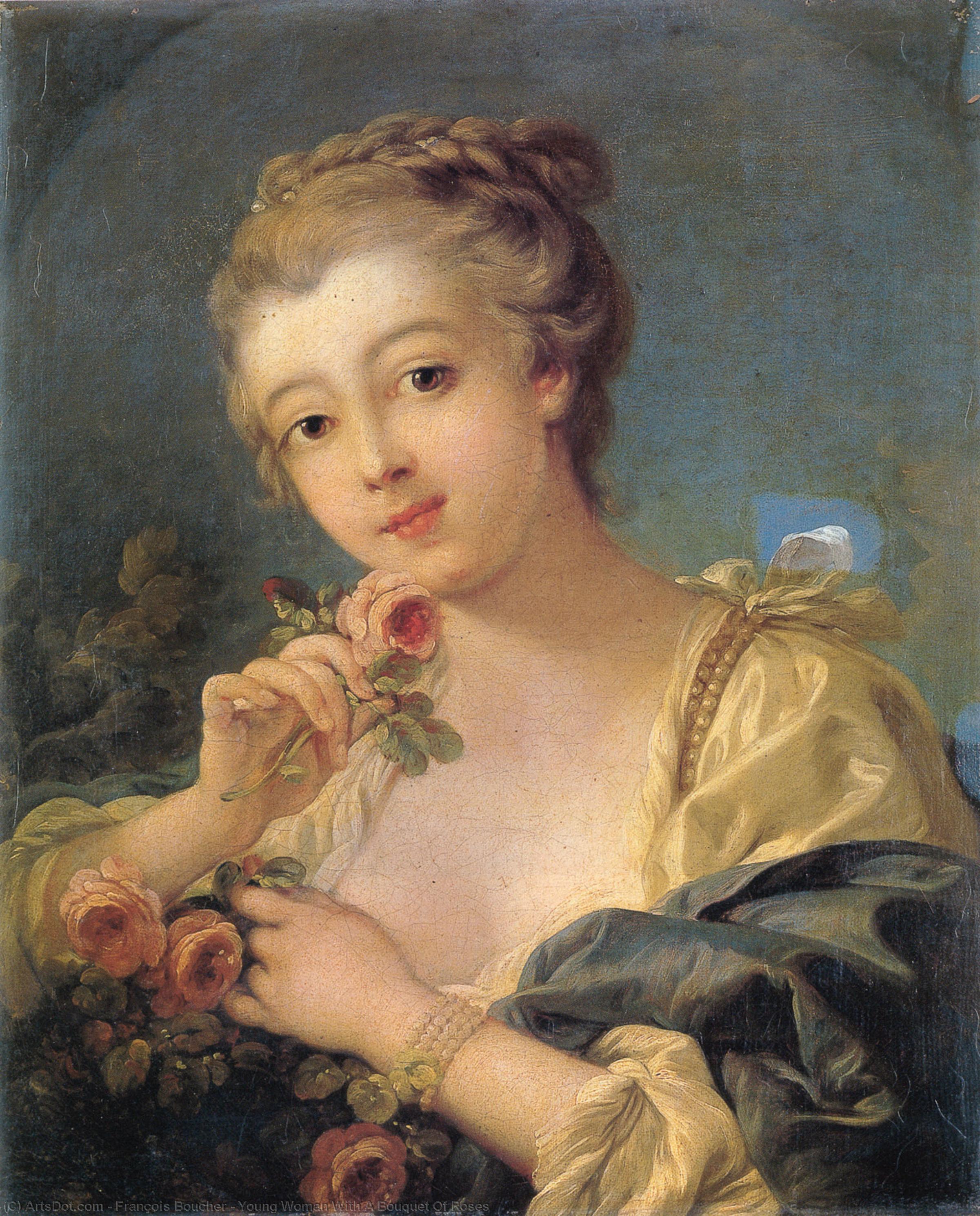 Wikioo.org – La Enciclopedia de las Bellas Artes - Pintura, Obras de arte de François Boucher - mujer joven con un ramo de las rosas