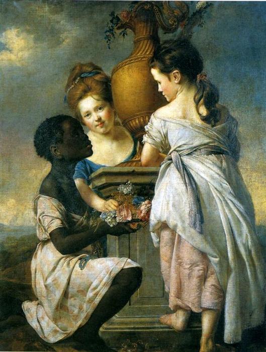 Wikioo.org – La Enciclopedia de las Bellas Artes - Pintura, Obras de arte de Joseph Wright Of Derby - Un Conversación de las niñas ( dos niñas con su Negro Criada )