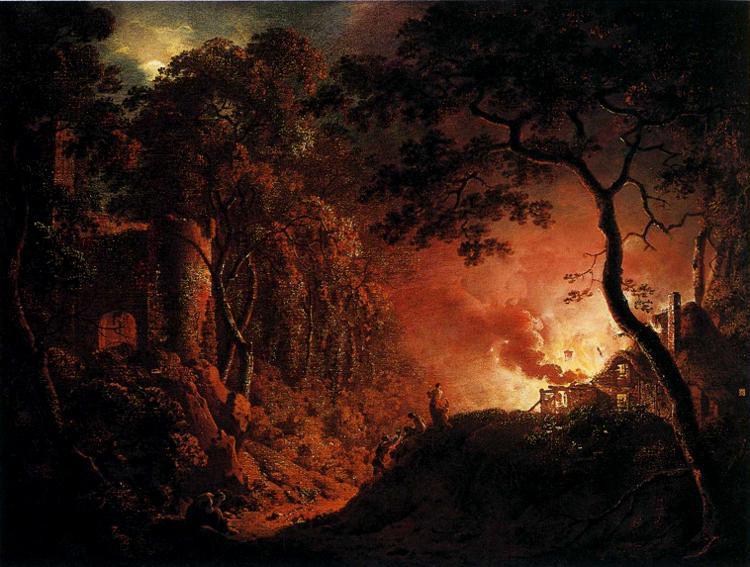 Wikioo.org - The Encyclopedia of Fine Arts - Painting, Artwork by Joseph Wright Of Derby - A Cottage on Fire