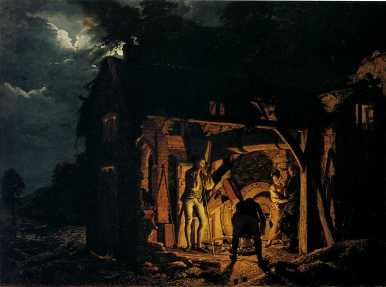 Wikioo.org - The Encyclopedia of Fine Arts - Painting, Artwork by Joseph Wright Of Derby - An Iron Forge Viewed from Without