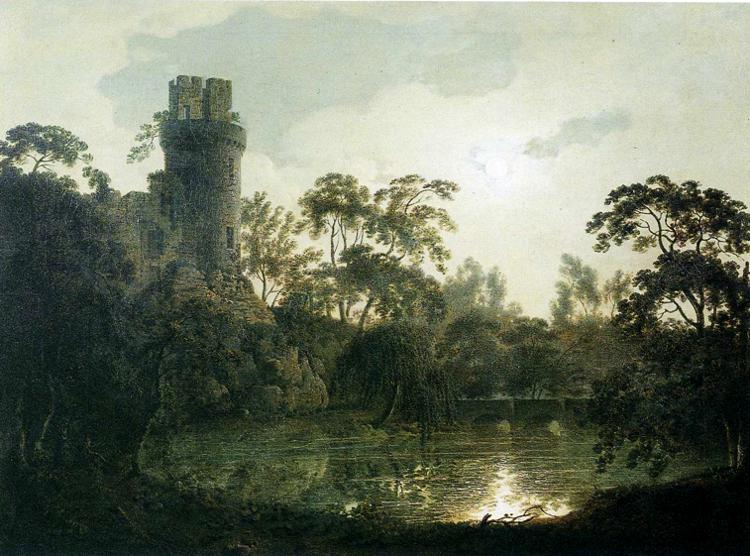 Wikioo.org - The Encyclopedia of Fine Arts - Painting, Artwork by Joseph Wright Of Derby - Moonlight with a Lake and Castellated Tower
