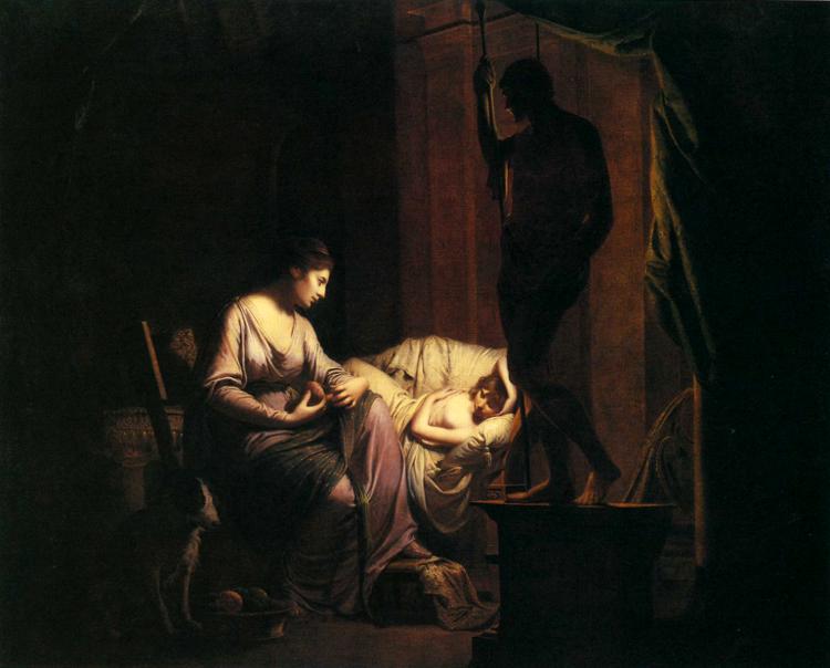 WikiOO.org - אנציקלופדיה לאמנויות יפות - ציור, יצירות אמנות Joseph Wright Of Derby - Penelope Unravelling Her Web, by Lamp Light