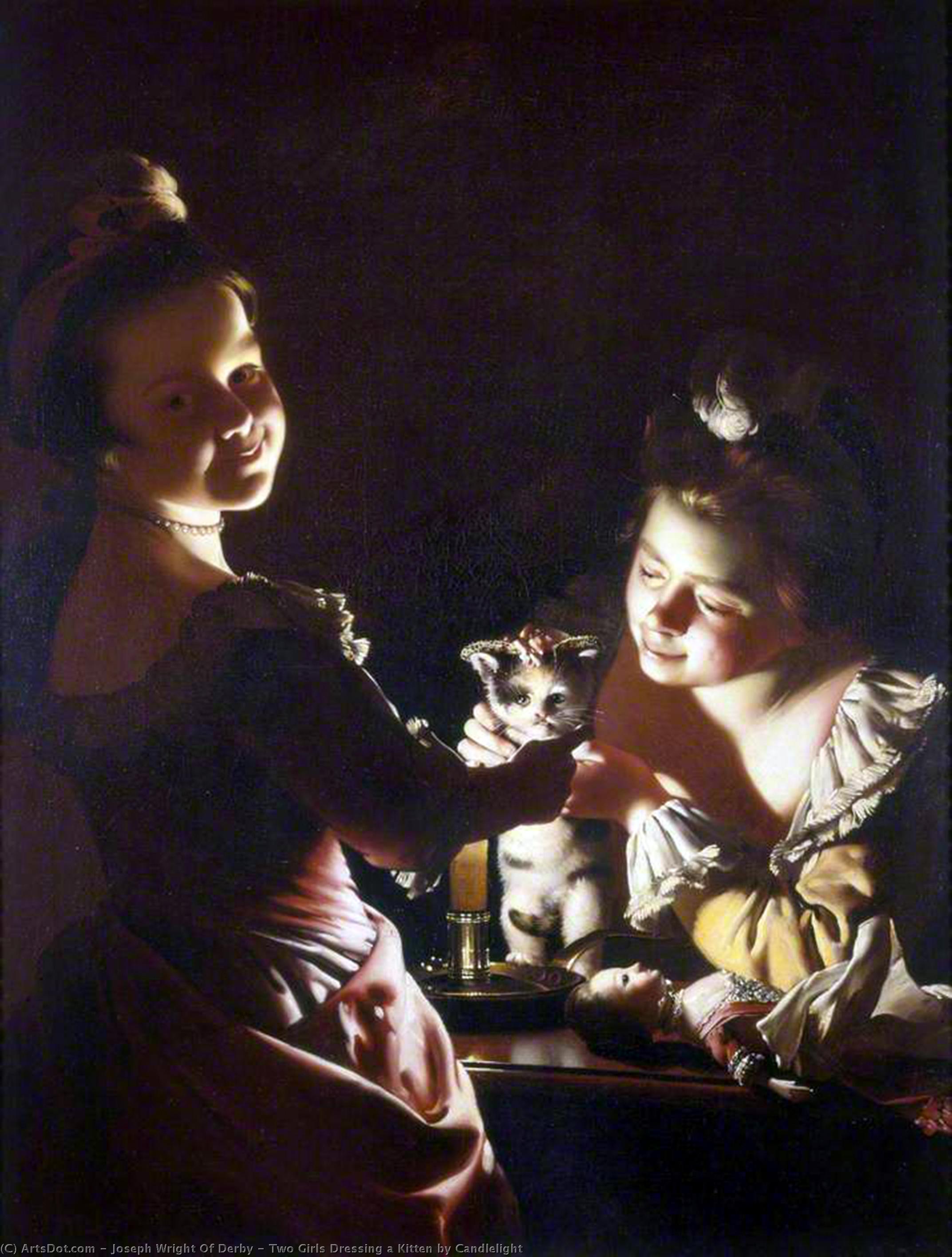 Wikioo.org – La Enciclopedia de las Bellas Artes - Pintura, Obras de arte de Joseph Wright Of Derby - dos chicas vistiendo un gatito a la luz de las velas