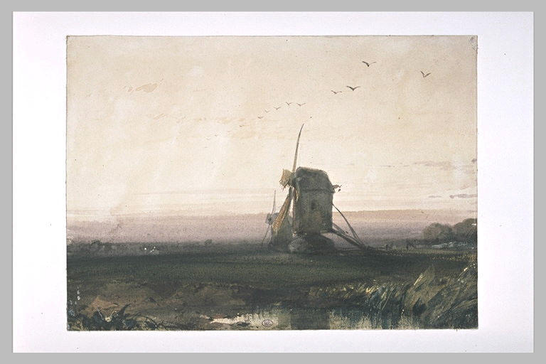 Wikioo.org - The Encyclopedia of Fine Arts - Painting, Artwork by Richard Parkes Bonington - Landscape with two mills at sunset