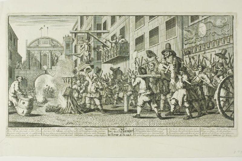 Wikioo.org - The Encyclopedia of Fine Arts - Painting, Artwork by William Hogarth - Burning the Rumps at Temple Bar, plate eleven from Hudibras