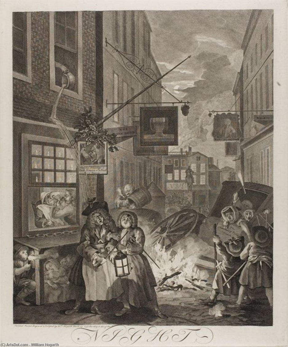 Wikioo.org - The Encyclopedia of Fine Arts - Painting, Artwork by William Hogarth - Night, plate four from The Four Times of the Day
