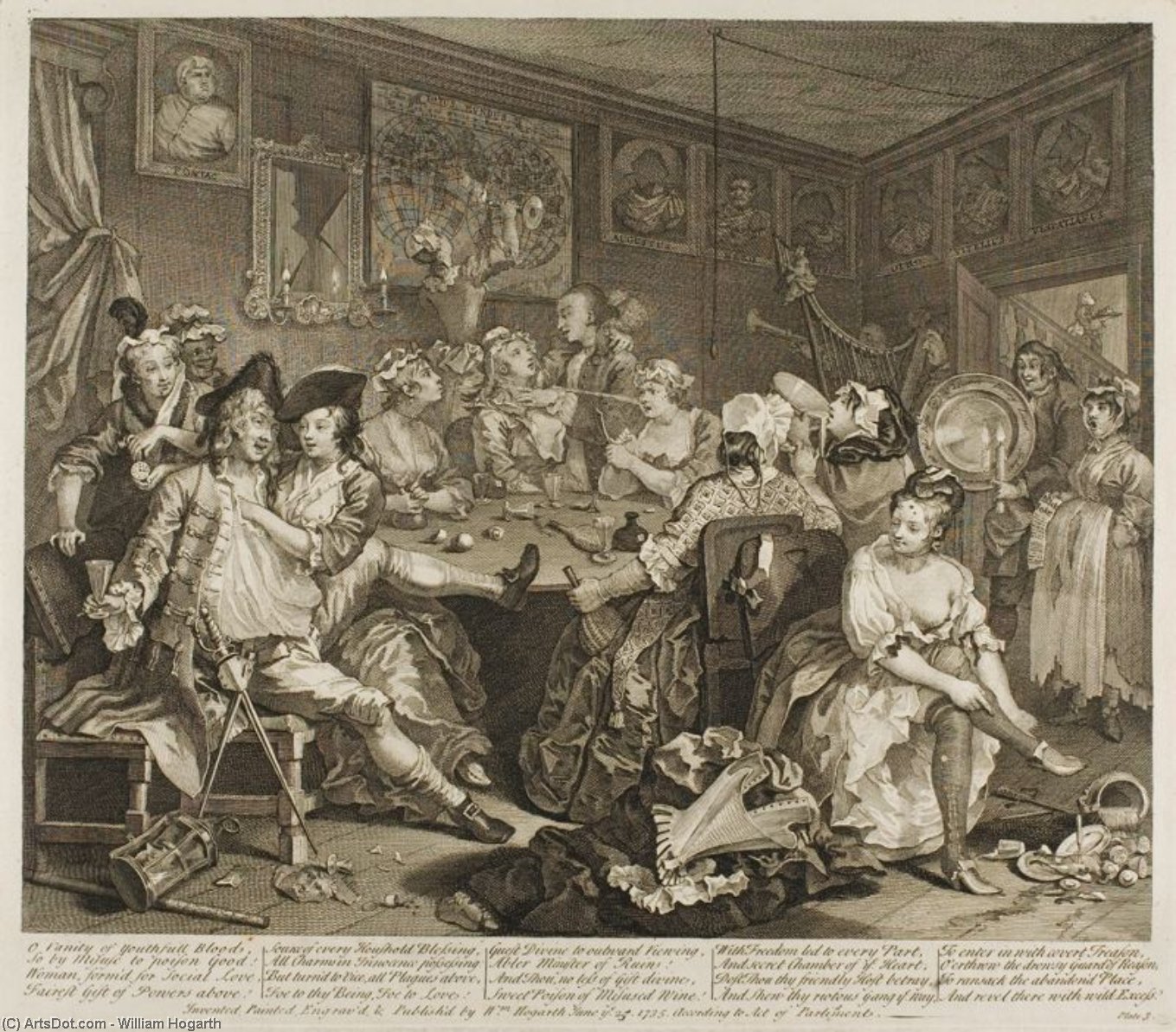 Wikioo.org – L'Encyclopédie des Beaux Arts - Peinture, Oeuvre de William Hogarth - Plaque trois , depuis un Rake's Progrès