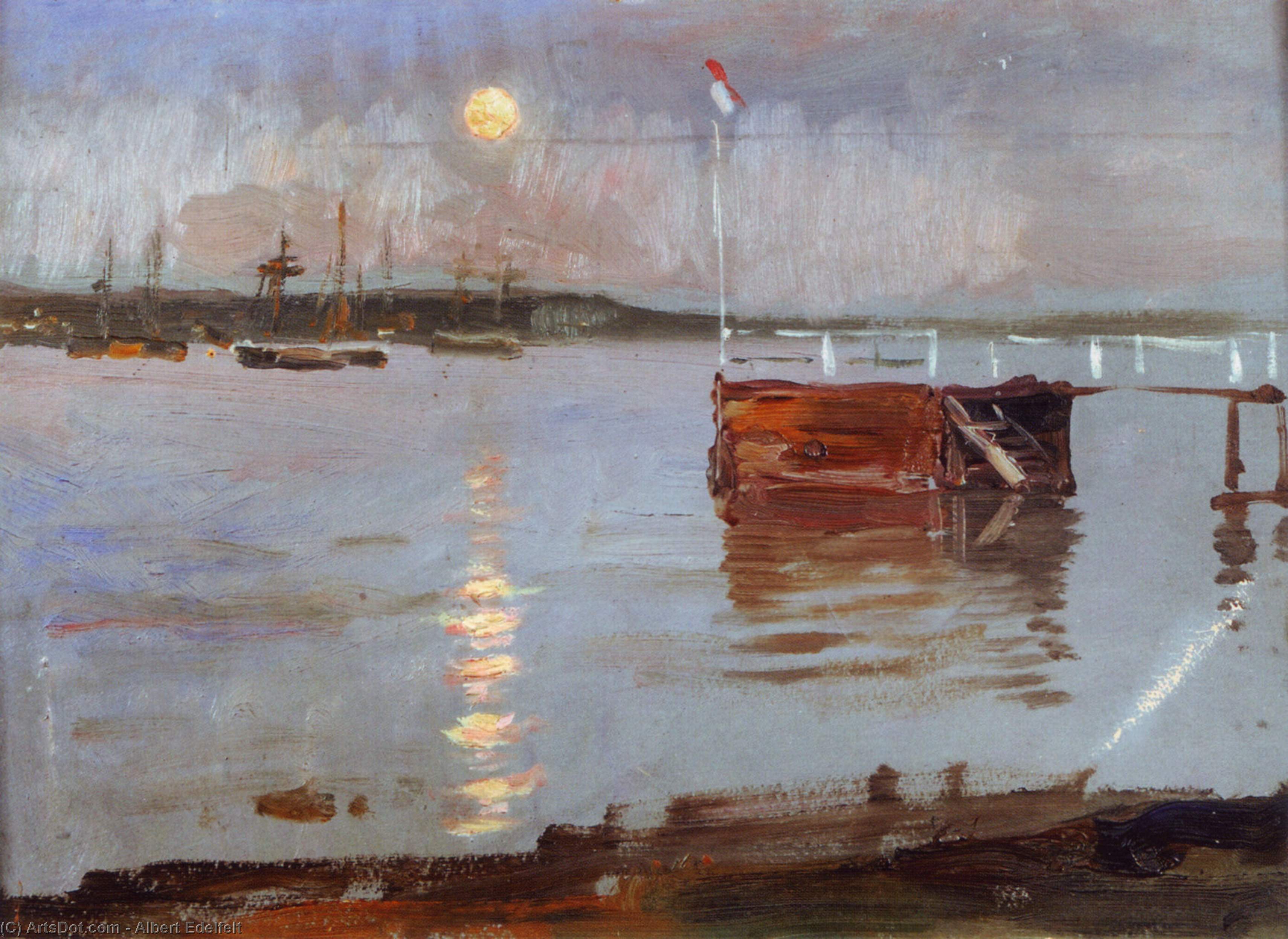 Wikioo.org - The Encyclopedia of Fine Arts - Painting, Artwork by Albert Edelfelt - Haikko Jetty in the Moonlight