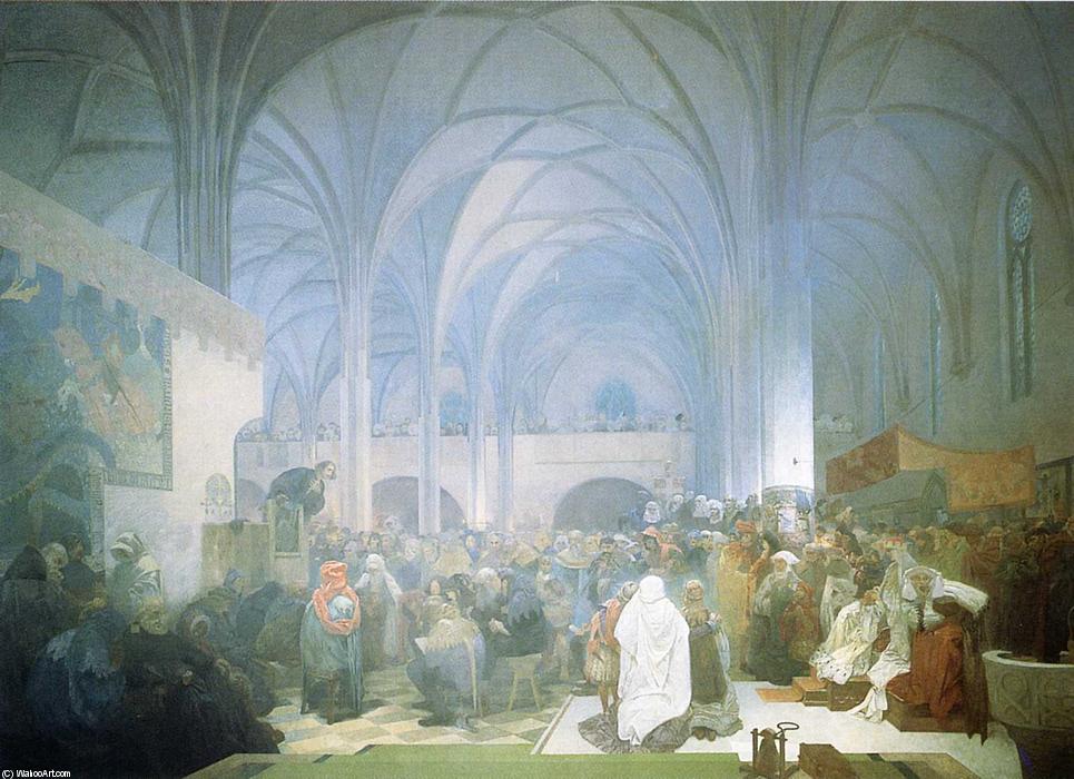Wikoo.org - موسوعة الفنون الجميلة - اللوحة، العمل الفني Alphonse Maria Mucha - Master Jan Hus Preaching at the Bethlehem Chapel