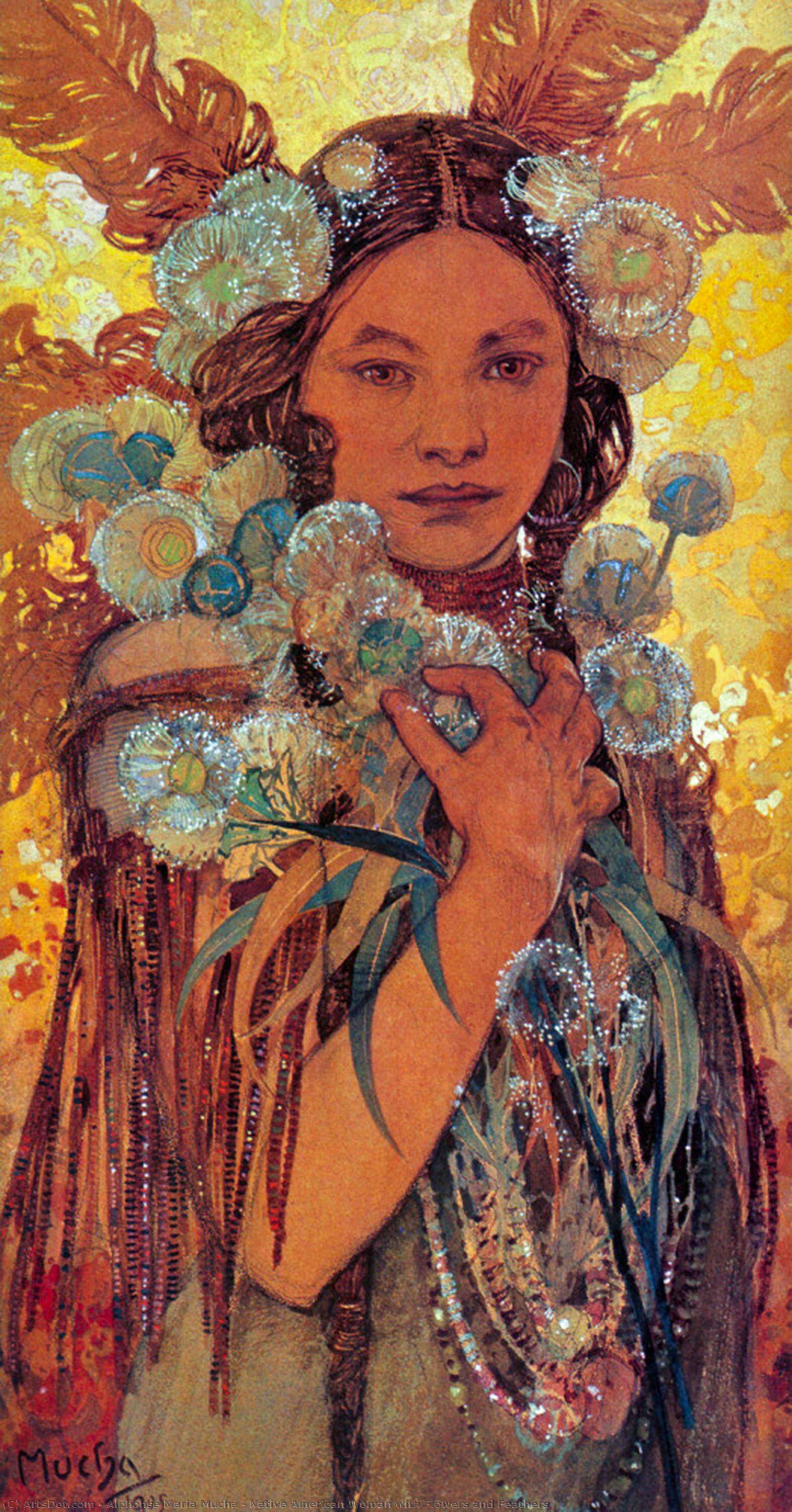 Wikioo.org - The Encyclopedia of Fine Arts - Painting, Artwork by Alphonse Maria Mucha - Native American Woman with Flowers and Feathers