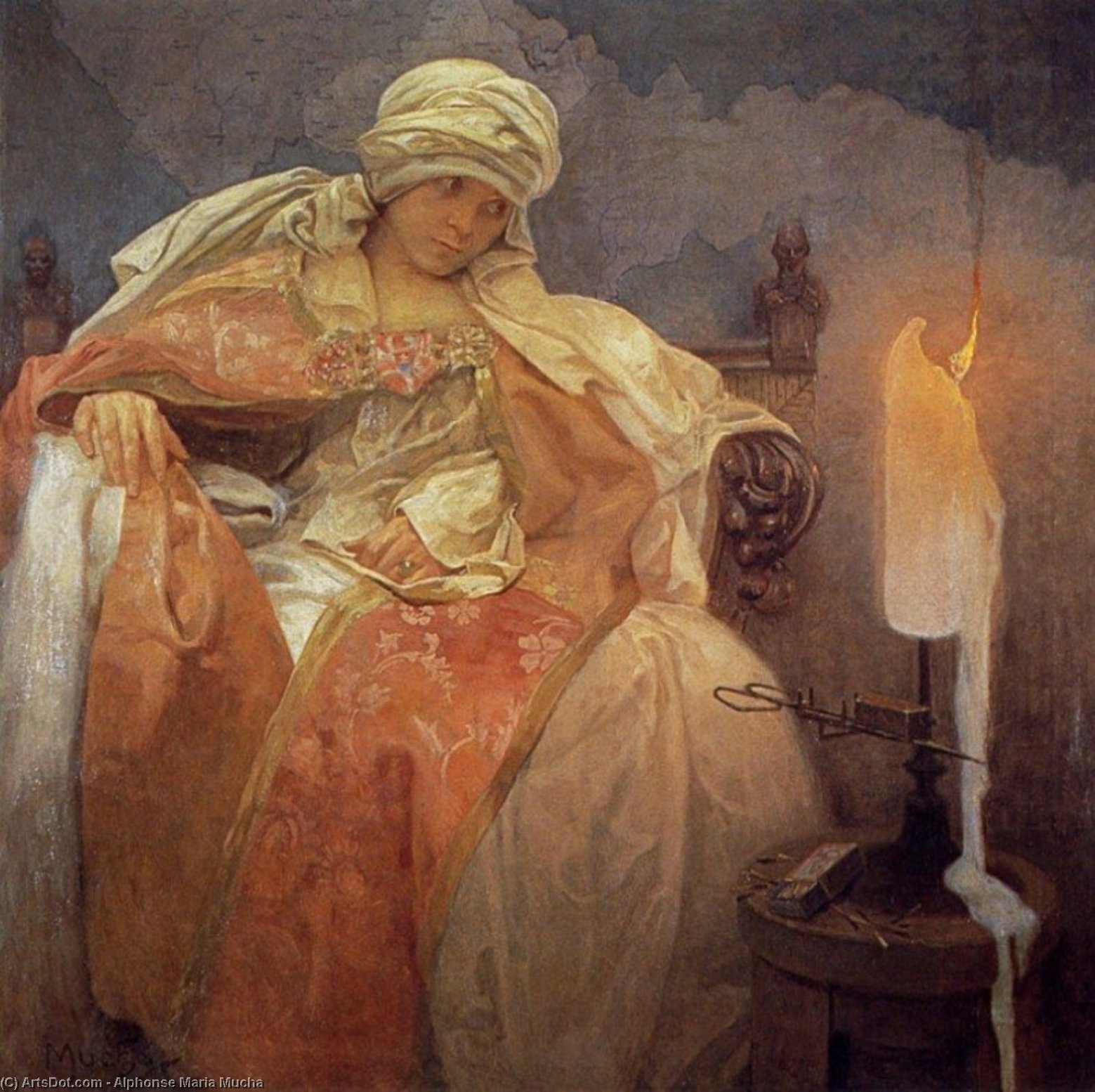 WikiOO.org – 美術百科全書 - 繪畫，作品 Alphonse Maria Mucha - 女人与一个 燃烧  蜡烛
