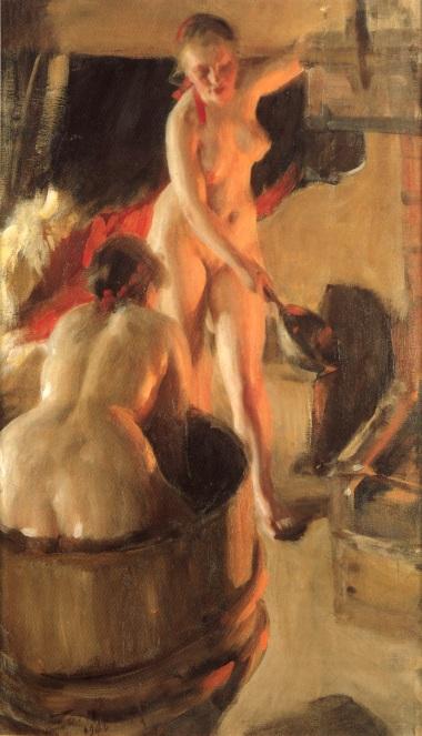 Wikioo.org - The Encyclopedia of Fine Arts - Painting, Artwork by Anders Leonard Zorn - Badande kullor i bastun