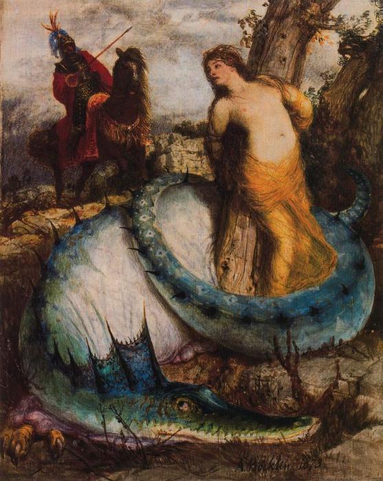 Wikioo.org – La Enciclopedia de las Bellas Artes - Pintura, Obras de arte de Arnold Bocklin - Angélique et le dragon