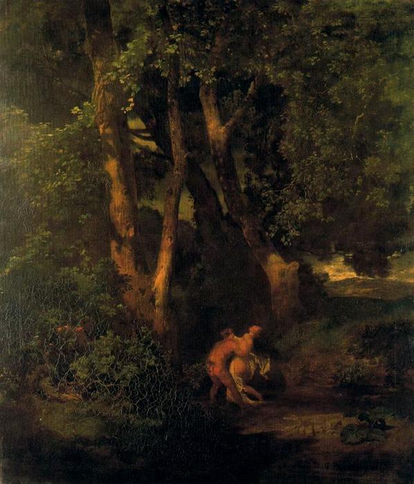 Wikioo.org - The Encyclopedia of Fine Arts - Painting, Artwork by Arnold Bocklin - Faune et nymphe à l'orée d'un bois