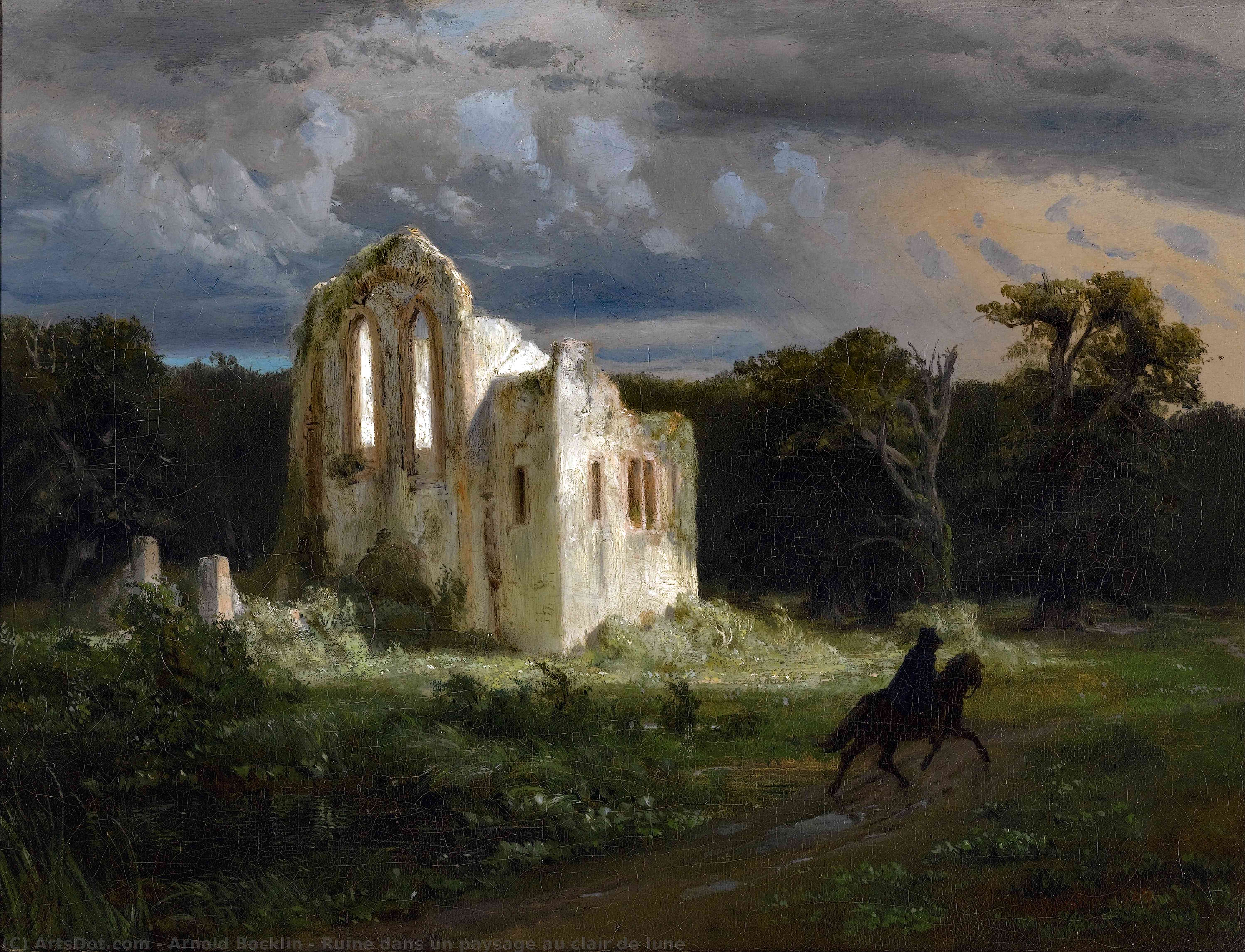 WikiOO.org - Enciclopédia das Belas Artes - Pintura, Arte por Arnold Bocklin - Ruine dans un paysage au clair de lune