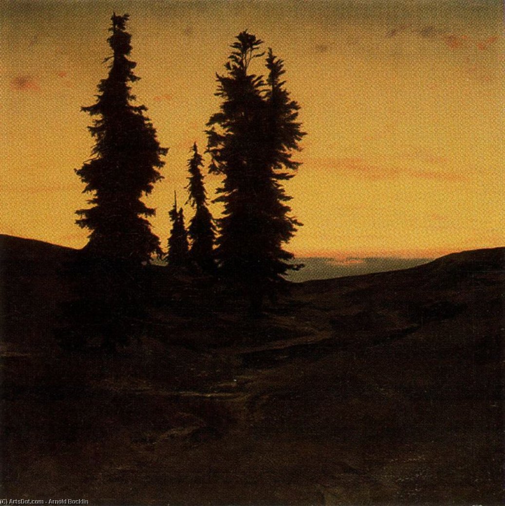 Wikioo.org - The Encyclopedia of Fine Arts - Painting, Artwork by Arnold Bocklin - Sapins au soleil couchant