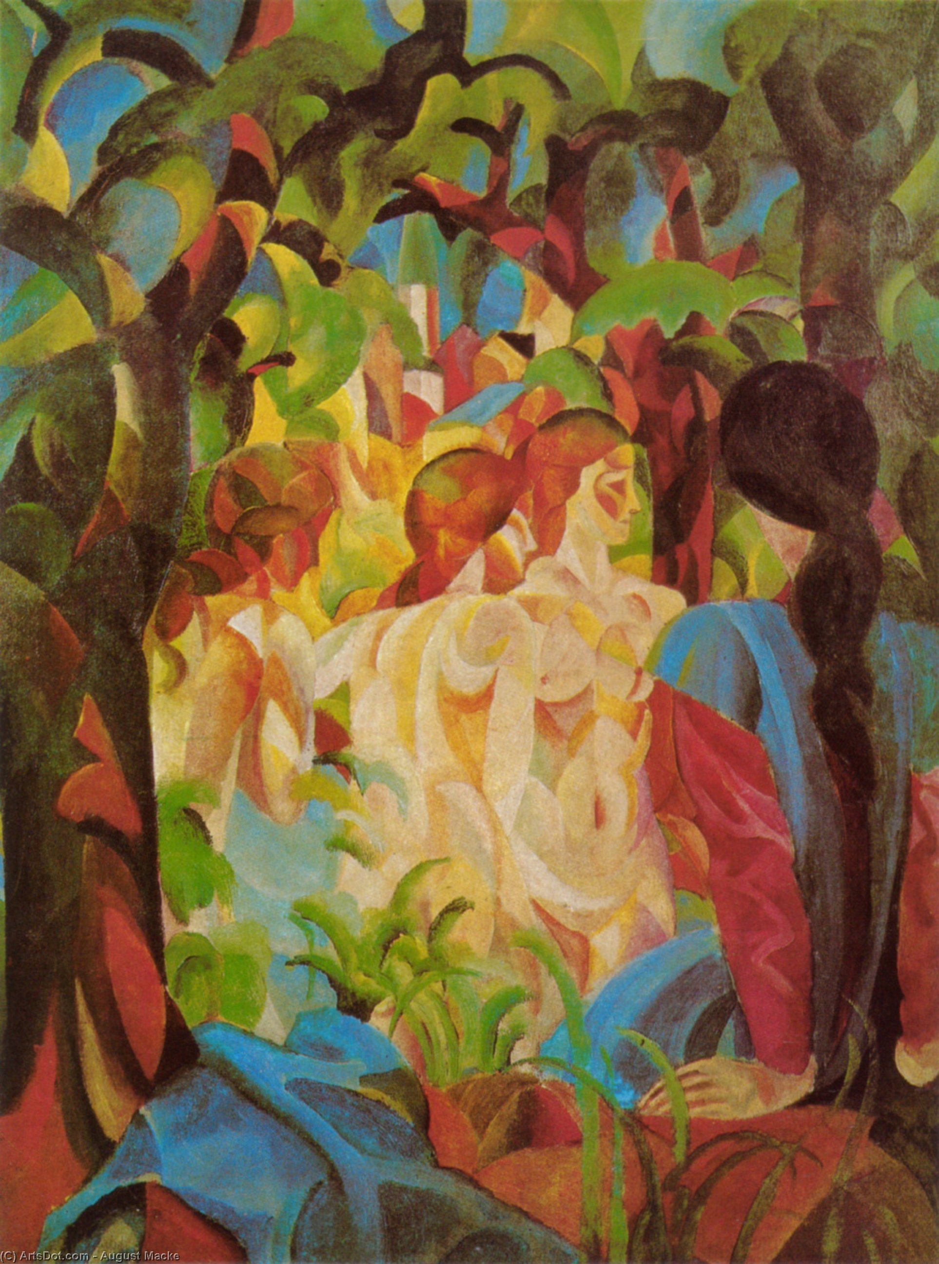 Wikioo.org - The Encyclopedia of Fine Arts - Painting, Artwork by August Macke - Girls Bathing with Town in Background