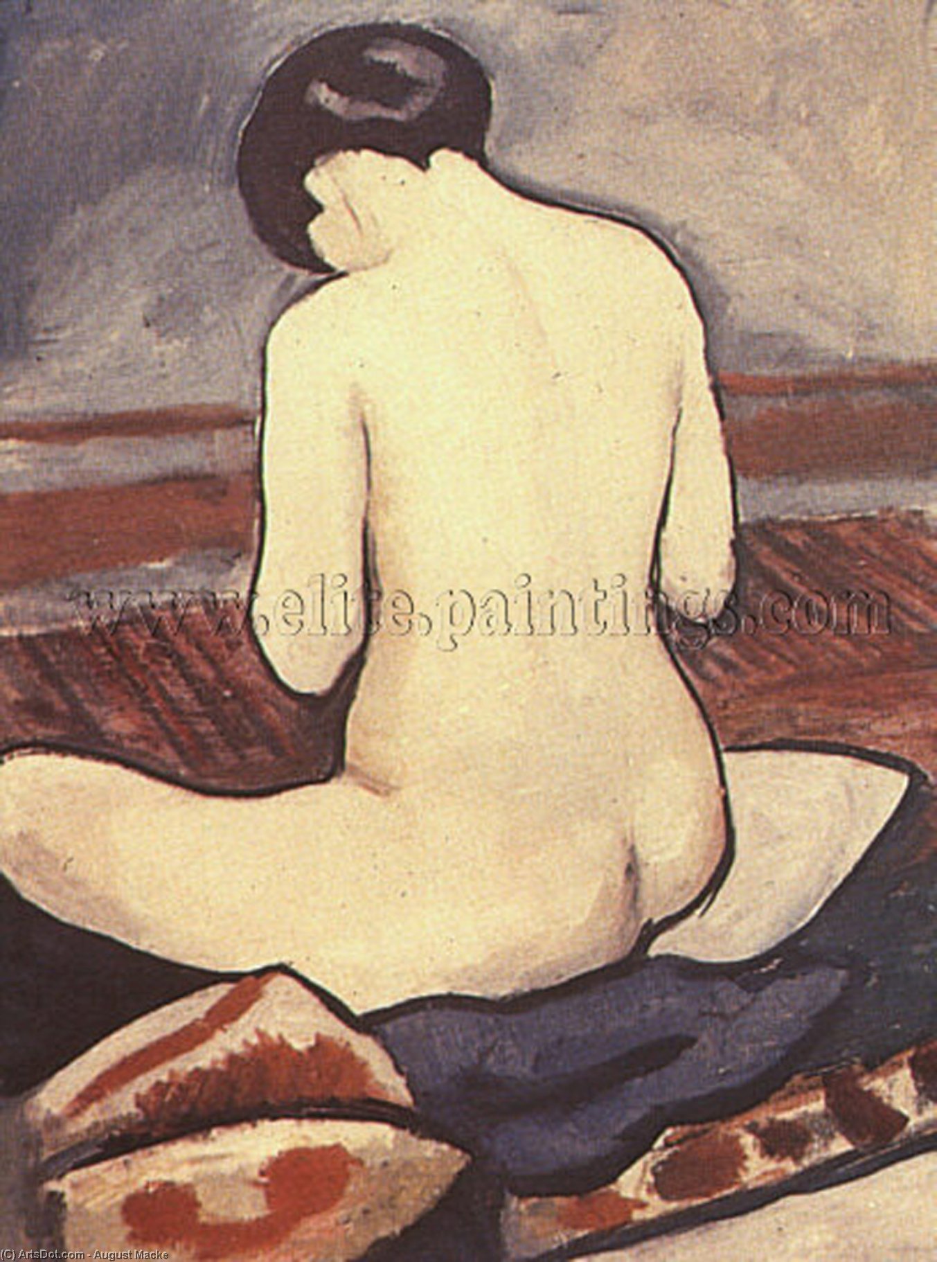 WikiOO.org - Encyclopedia of Fine Arts - Maalaus, taideteos August Macke - itting Nude with Cushions