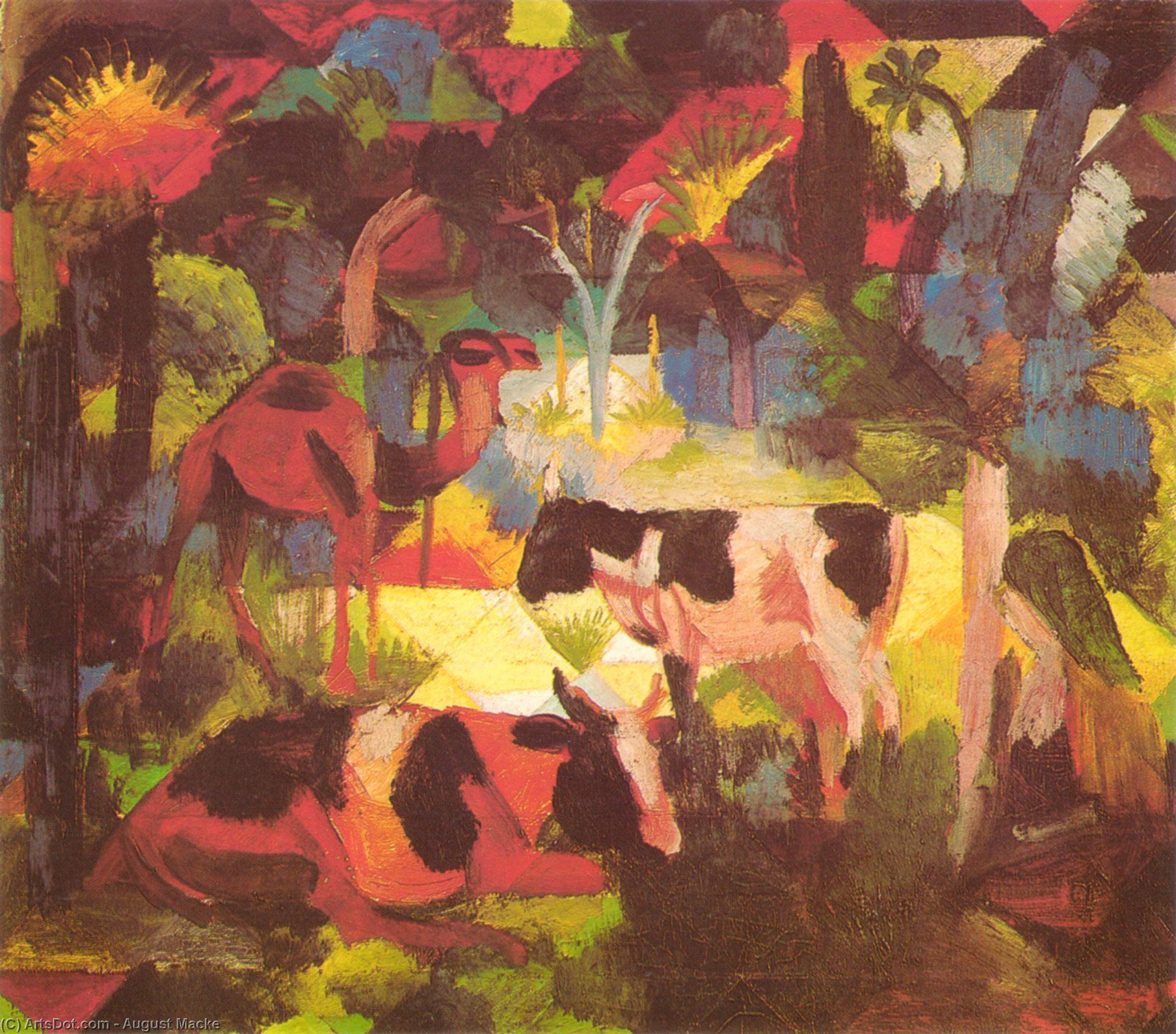 Wikioo.org - The Encyclopedia of Fine Arts - Painting, Artwork by August Macke - Landscape with Cows and Camel