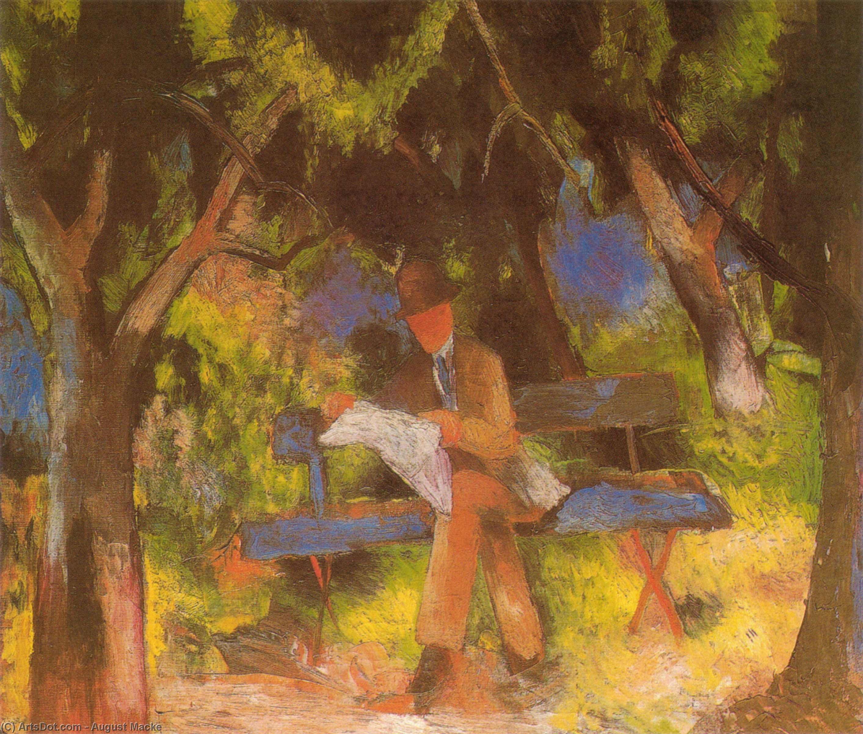 Wikioo.org - The Encyclopedia of Fine Arts - Painting, Artwork by August Macke - Man Reading in a Park