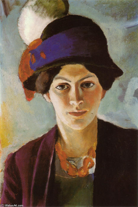WikiOO.org - Enciclopédia das Belas Artes - Pintura, Arte por August Macke - Portrait of the Artist's Wife with Hat