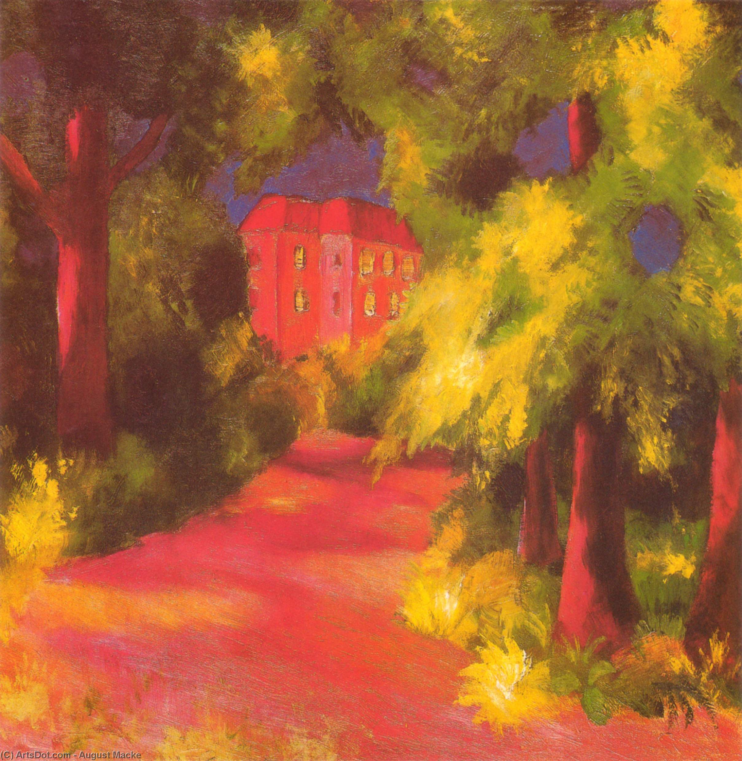 Wikioo.org - สารานุกรมวิจิตรศิลป์ - จิตรกรรม August Macke - Red House in a Park