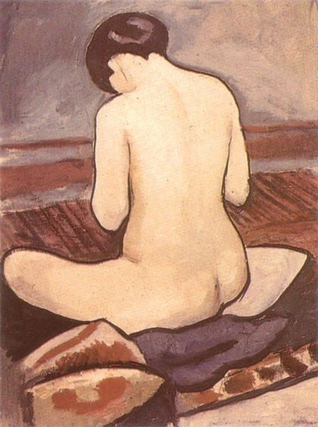 Wikioo.org - Encyklopedia Sztuk Pięknych - Malarstwo, Grafika August Macke - Sitting Nude with Cushions
