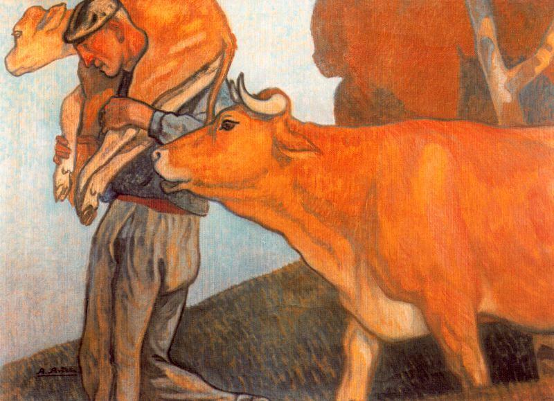 Wikioo.org - Encyklopedia Sztuk Pięknych - Malarstwo, Grafika Aurelio Arteta - Baserritarra con vaca y ternera