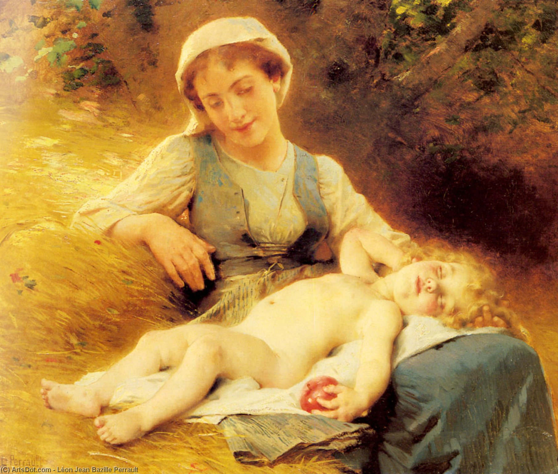 WikiOO.org - אנציקלופדיה לאמנויות יפות - ציור, יצירות אמנות Léon Jean Bazille Perrault - A Mother With Her Sleeping Child