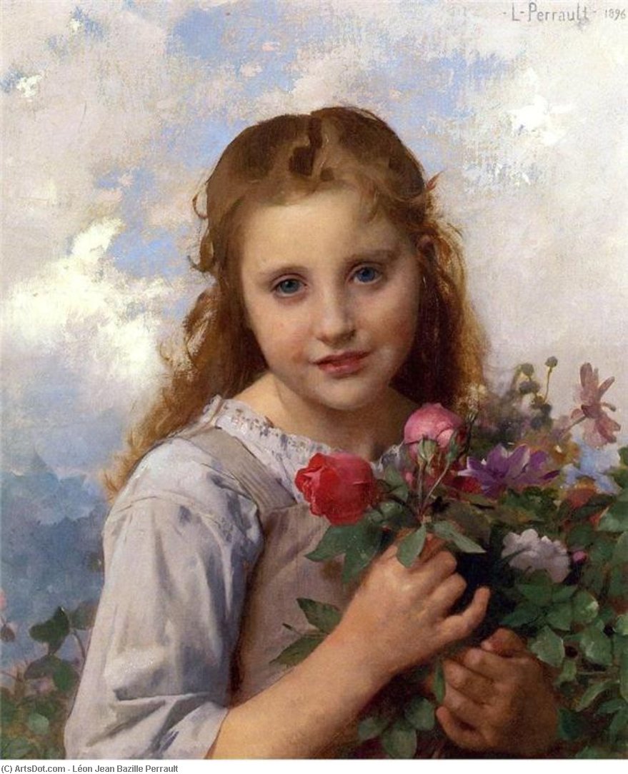 Wikioo.org - Bách khoa toàn thư về mỹ thuật - Vẽ tranh, Tác phẩm nghệ thuật Léon Jean Bazille Perrault - Young Girl with a Bouquet of Flowers