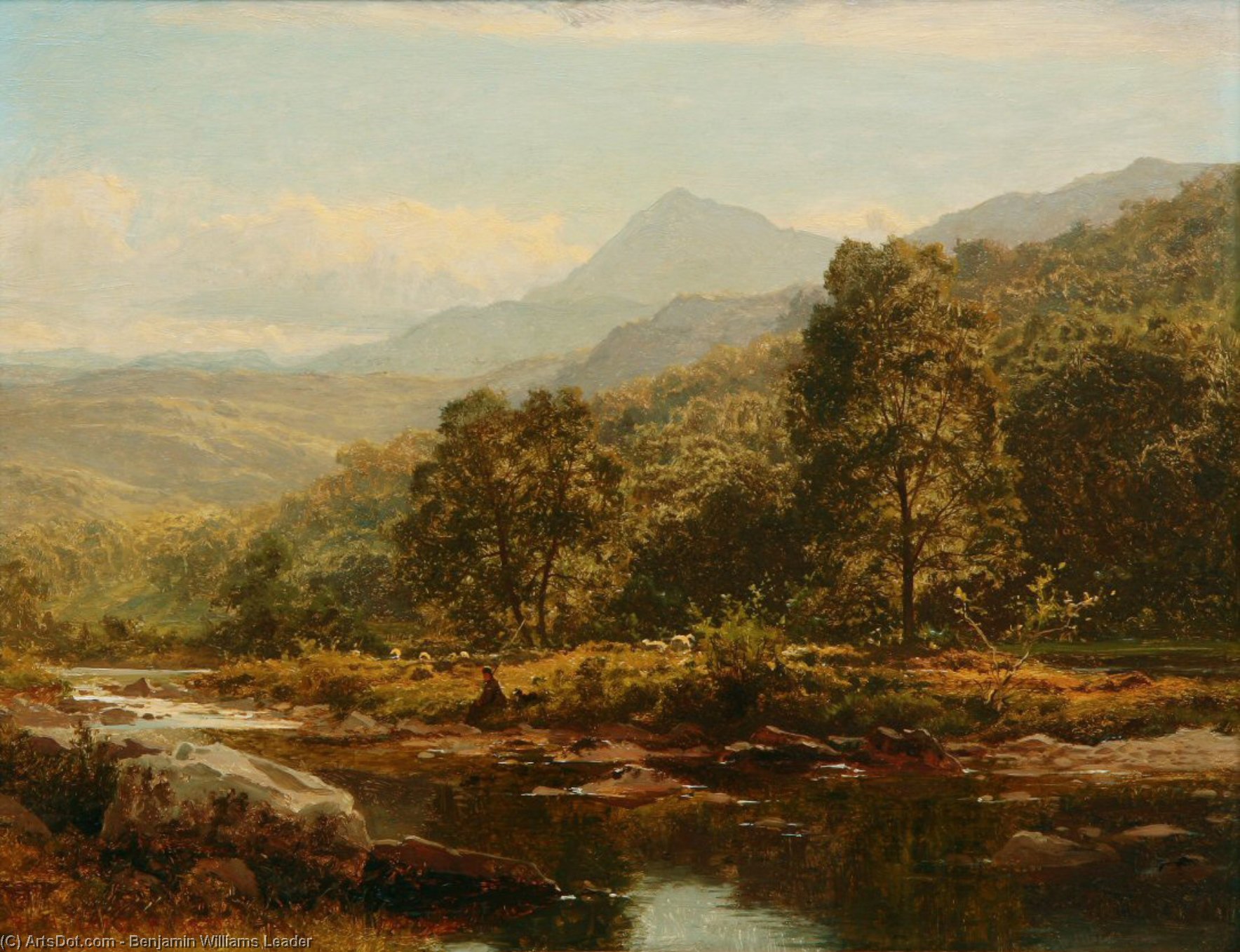 Wikioo.org - The Encyclopedia of Fine Arts - Painting, Artwork by Benjamin Williams Leader - AN ISLAND ON THE LLUGWY, CAPEL CURIG, WITH ANGLER