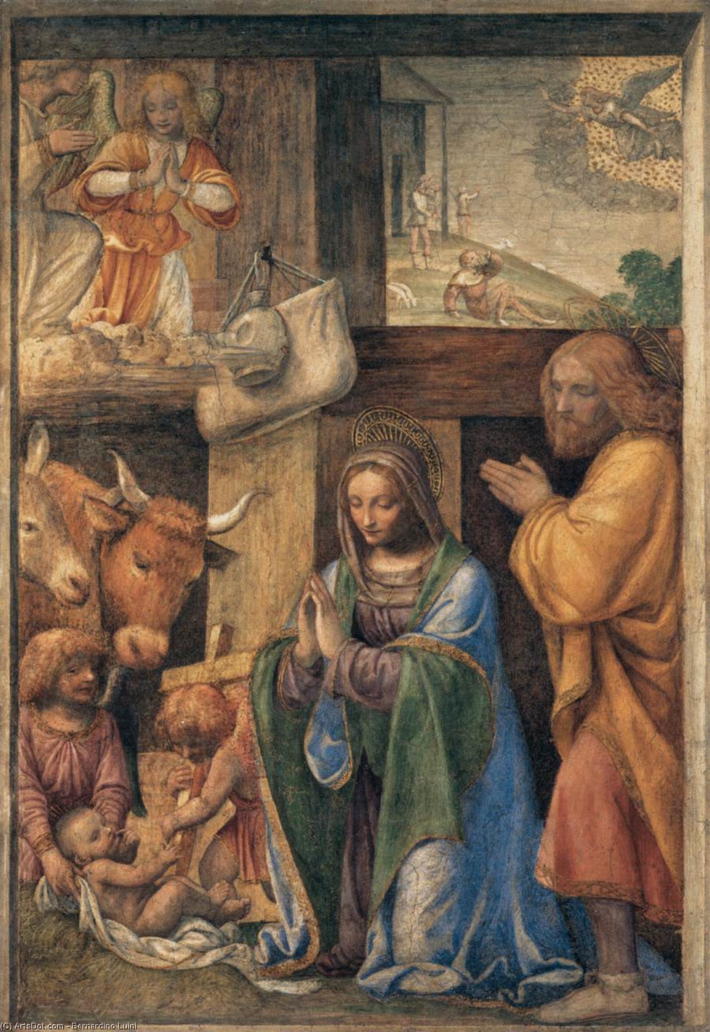 Wikioo.org - The Encyclopedia of Fine Arts - Painting, Artwork by Bernardino Luini - Nativity and Annunciation to the Shepherds