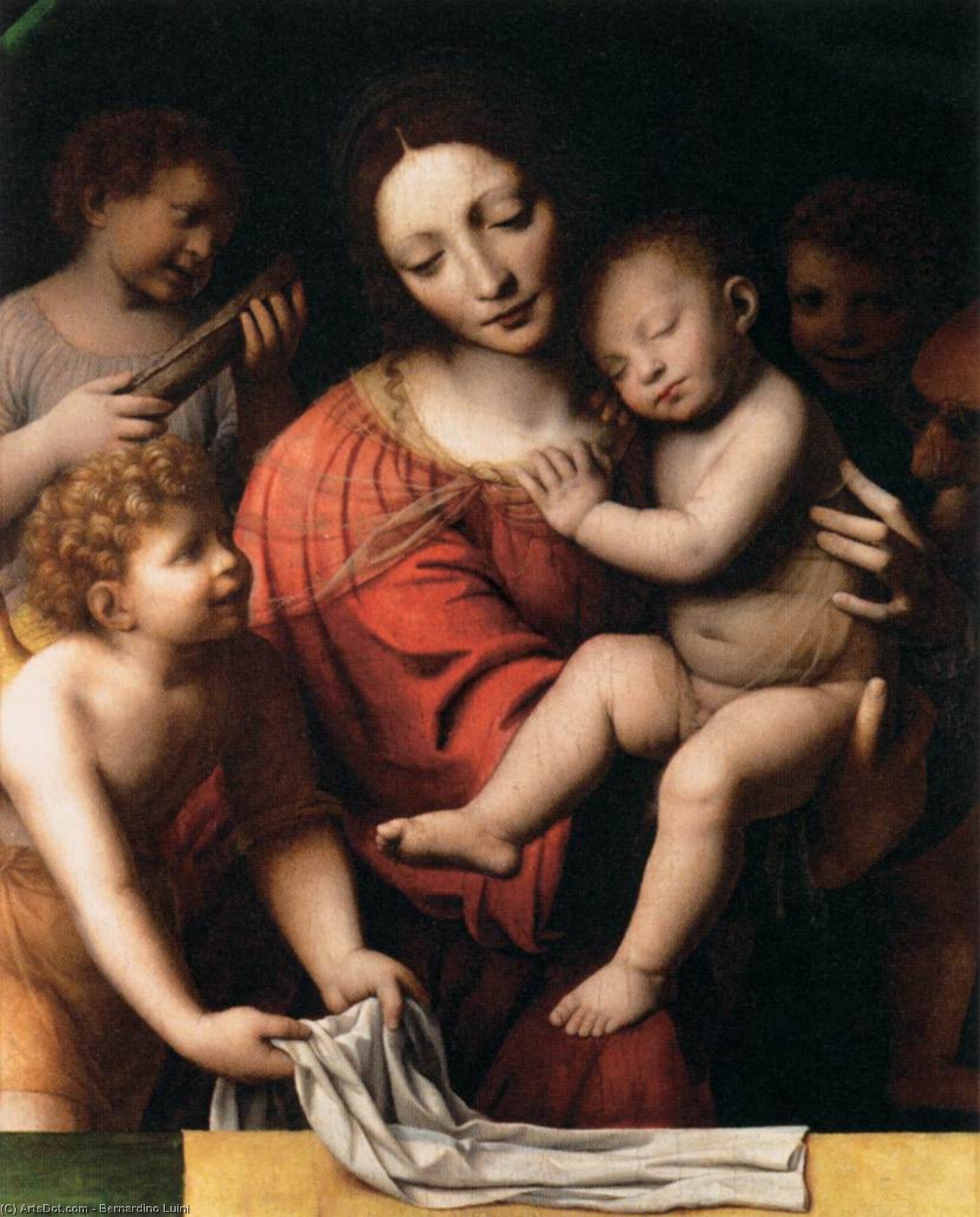 Wikioo.org - The Encyclopedia of Fine Arts - Painting, Artwork by Bernardino Luini - The Virgin Holding the Sleeping Child, with St John and Two Angels