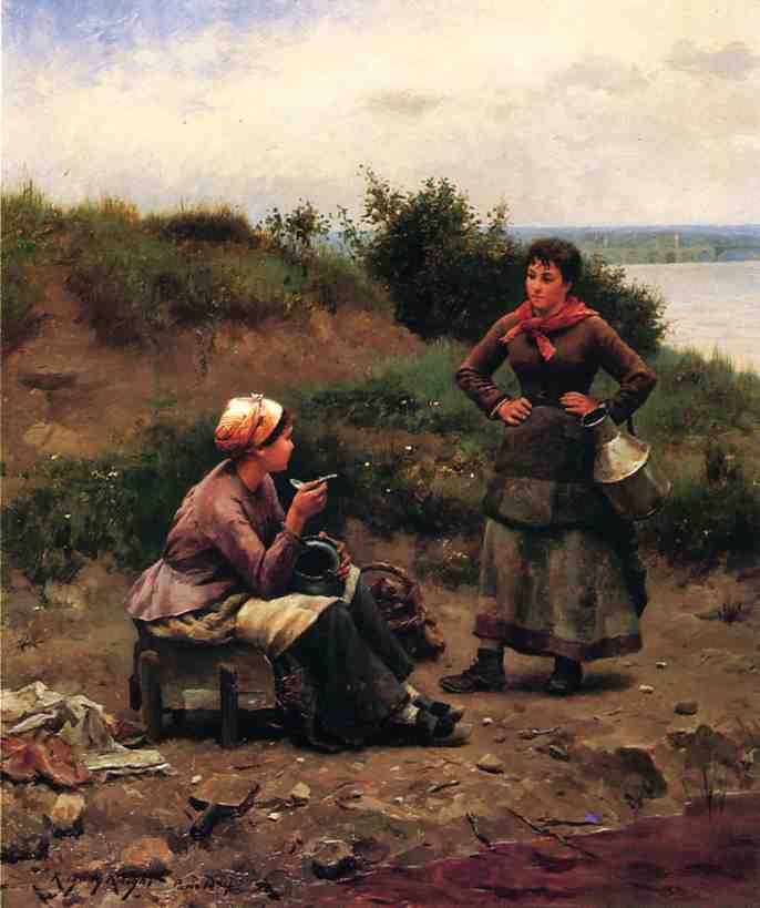 Wikioo.org - The Encyclopedia of Fine Arts - Painting, Artwork by Daniel Ridgway Knight - A Discussion Between Two Young Ladies
