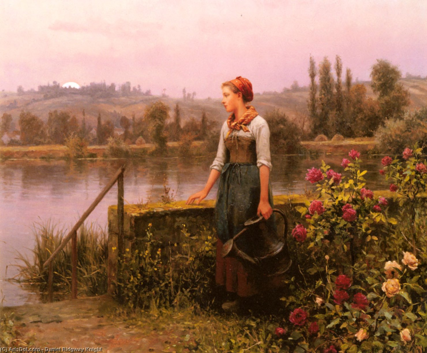 Wikioo.org - The Encyclopedia of Fine Arts - Painting, Artwork by Daniel Ridgway Knight - A Woman with a Watering Can by the River