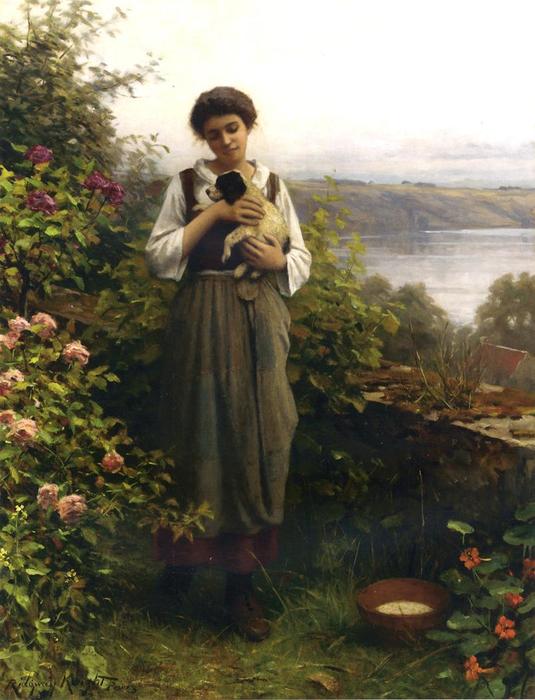 WikiOO.org - Encyclopedia of Fine Arts - Schilderen, Artwork Daniel Ridgway Knight - Young Girl Holding a Puppy
