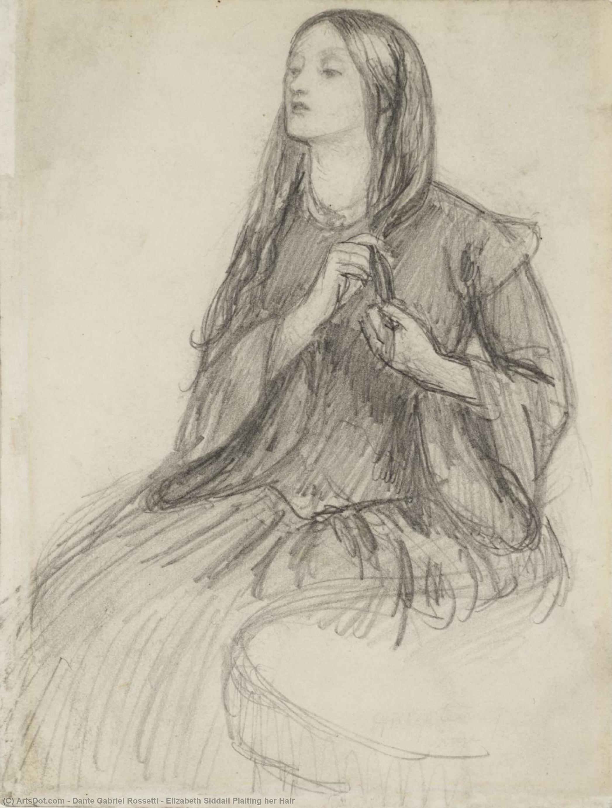 WikiOO.org - אנציקלופדיה לאמנויות יפות - ציור, יצירות אמנות Dante Gabriel Rossetti - Elizabeth Siddall Plaiting her Hair