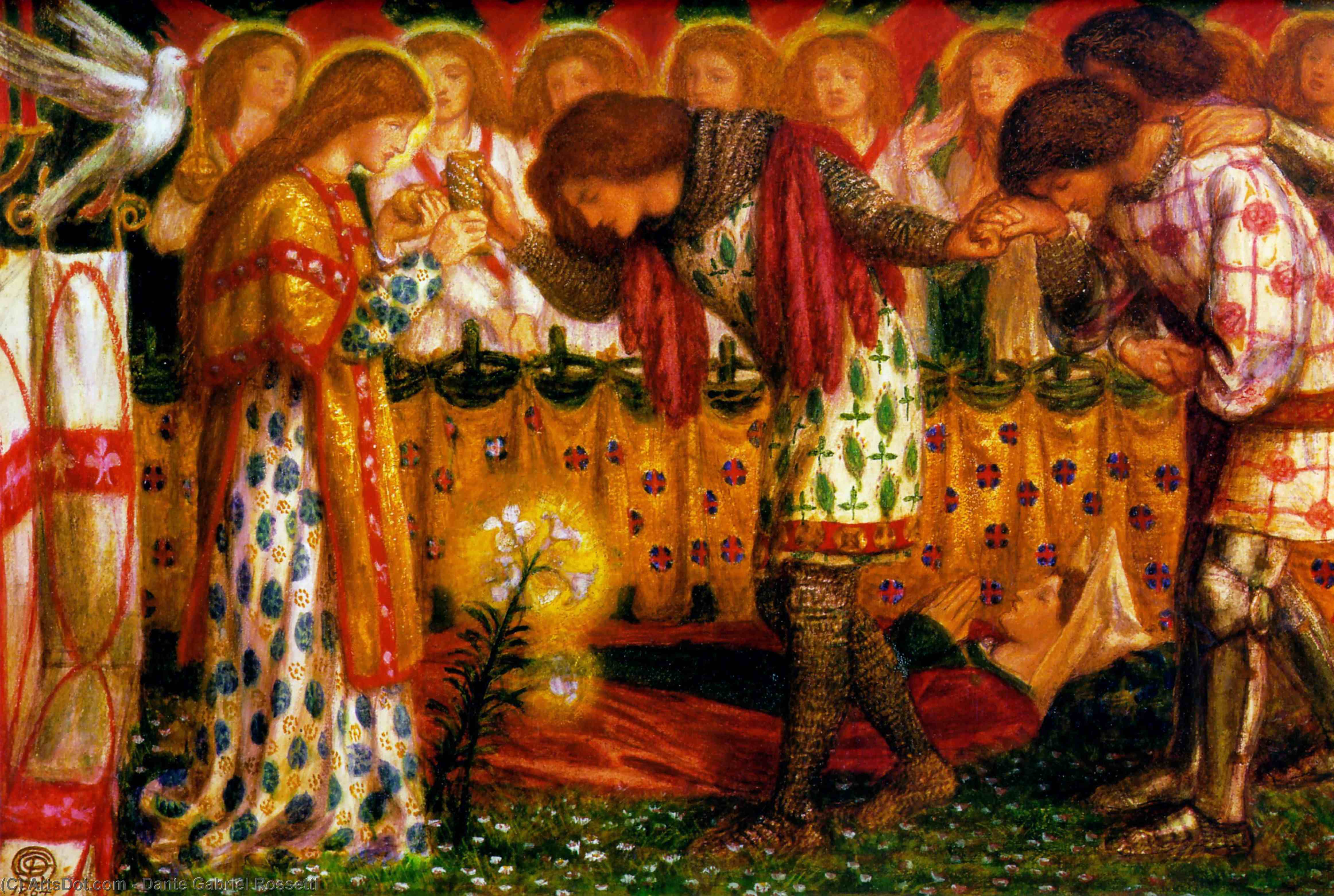 Wikioo.org - The Encyclopedia of Fine Arts - Painting, Artwork by Dante Gabriel Rossetti - How Sir Galahad, Sir Bors and Sir Percival Were Fed with the Sanc Grael; But Sir Percival's Sister Died By the Way