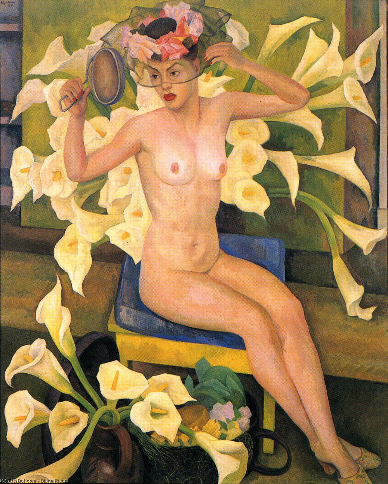 Wikioo.org – La Enciclopedia de las Bellas Artes - Pintura, Obras de arte de Diego Rivera - desnudo con flores Velado  mujer