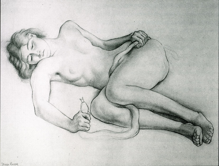 WikiOO.org - Εγκυκλοπαίδεια Καλών Τεχνών - Ζωγραφική, έργα τέχνης Diego Rivera - Reclining Nude with Snake
