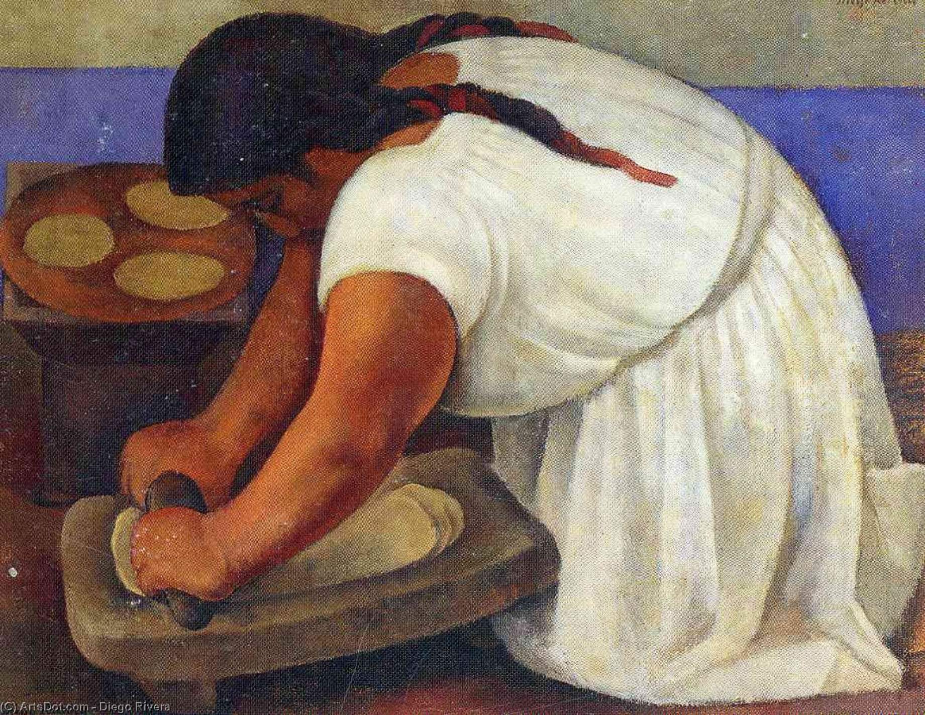 Wikioo.org - The Encyclopedia of Fine Arts - Painting, Artwork by Diego Rivera - Woman Grinding Maize
