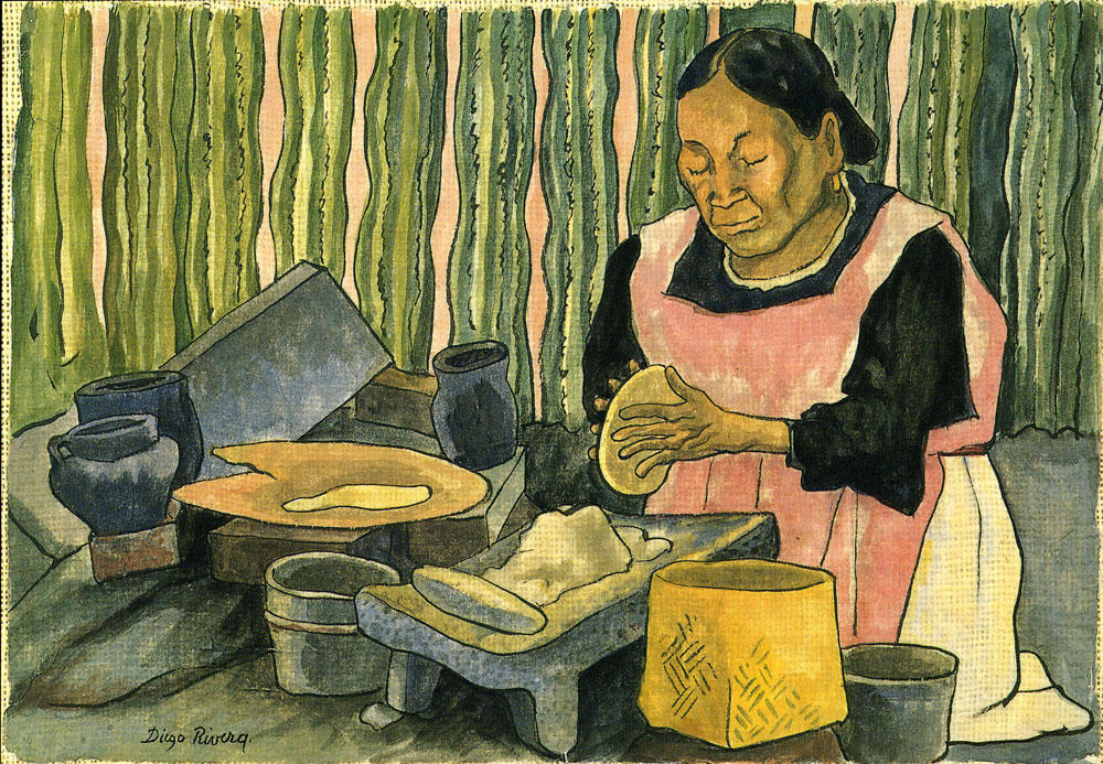 WikiOO.org - Encyclopedia of Fine Arts - Lukisan, Artwork Diego Rivera - Woman Making Tortillas