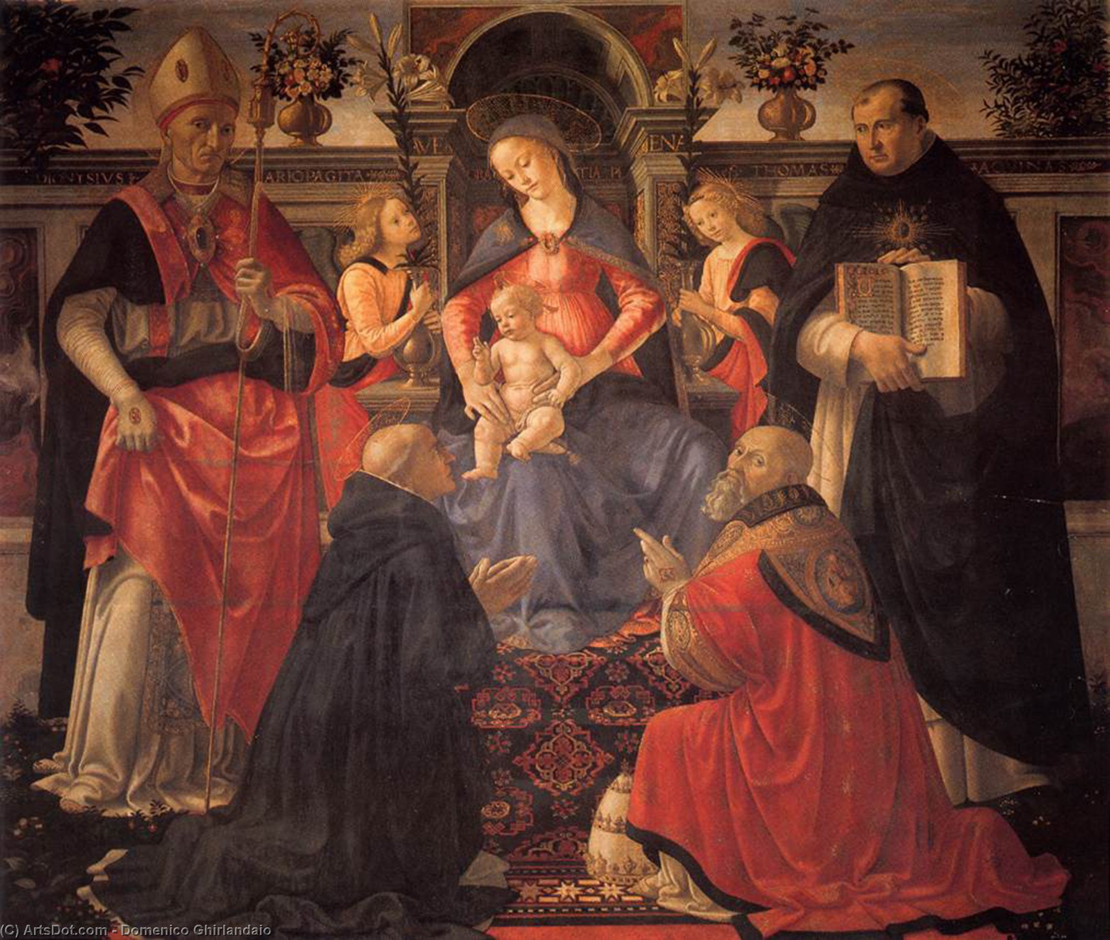 Wikioo.org – L'Enciclopedia delle Belle Arti - Pittura, Opere di Domenico Ghirlandaio - Madonna col Bambino in trono tra  angeli  e le  santi