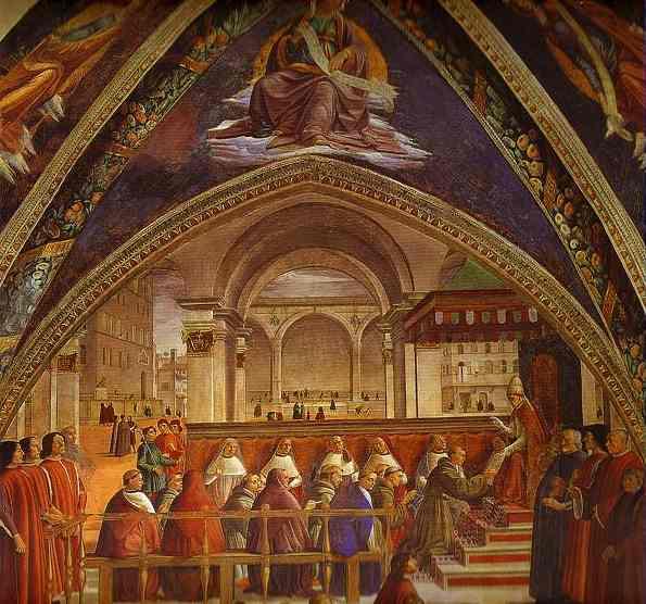 Wikioo.org - The Encyclopedia of Fine Arts - Painting, Artwork by Domenico Ghirlandaio - The Confirmation of the Rule of the Order of St. Francis by Pope Honorius III