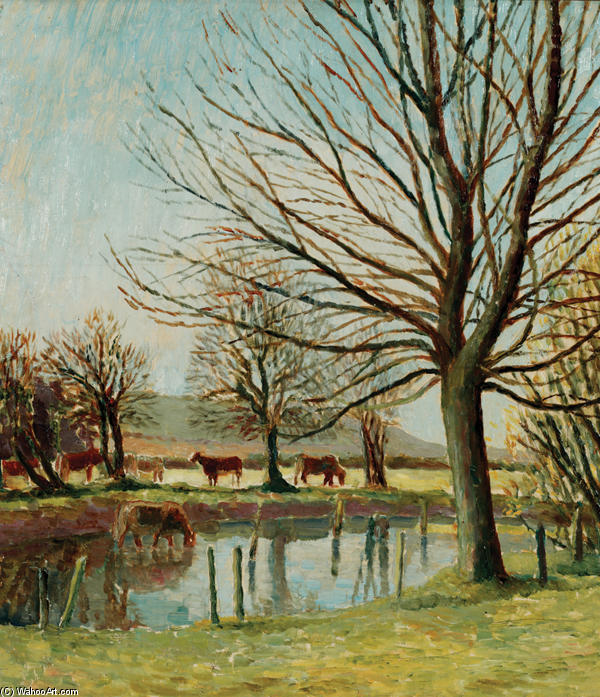 Wikioo.org - The Encyclopedia of Fine Arts - Painting, Artwork by Dora De Houghton Carrington - Cattle by a Pond