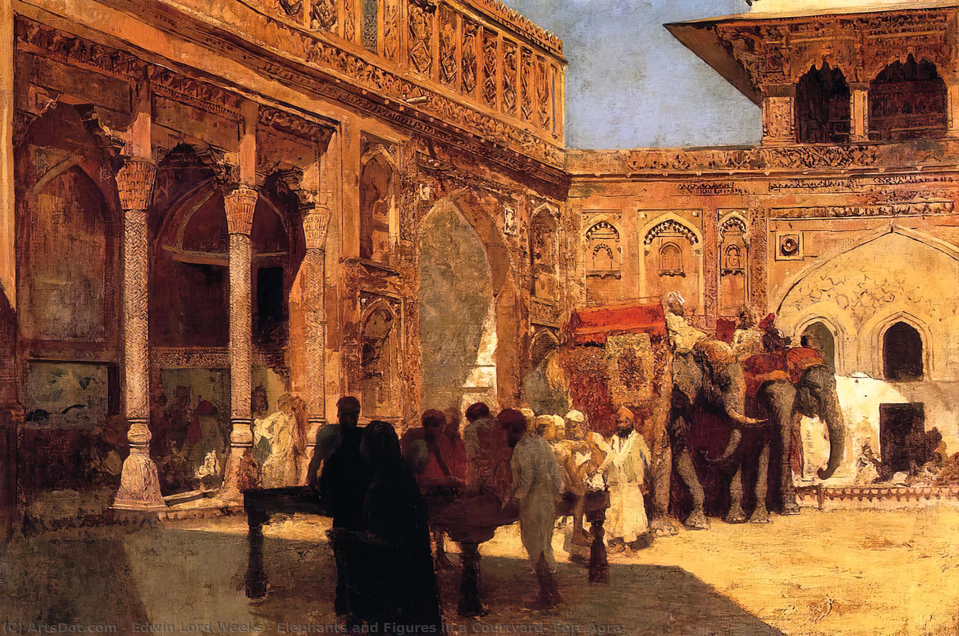 Wikioo.org - The Encyclopedia of Fine Arts - Painting, Artwork by Edwin Lord Weeks - Elephants and Figures in a Courtyard, Fort Agra