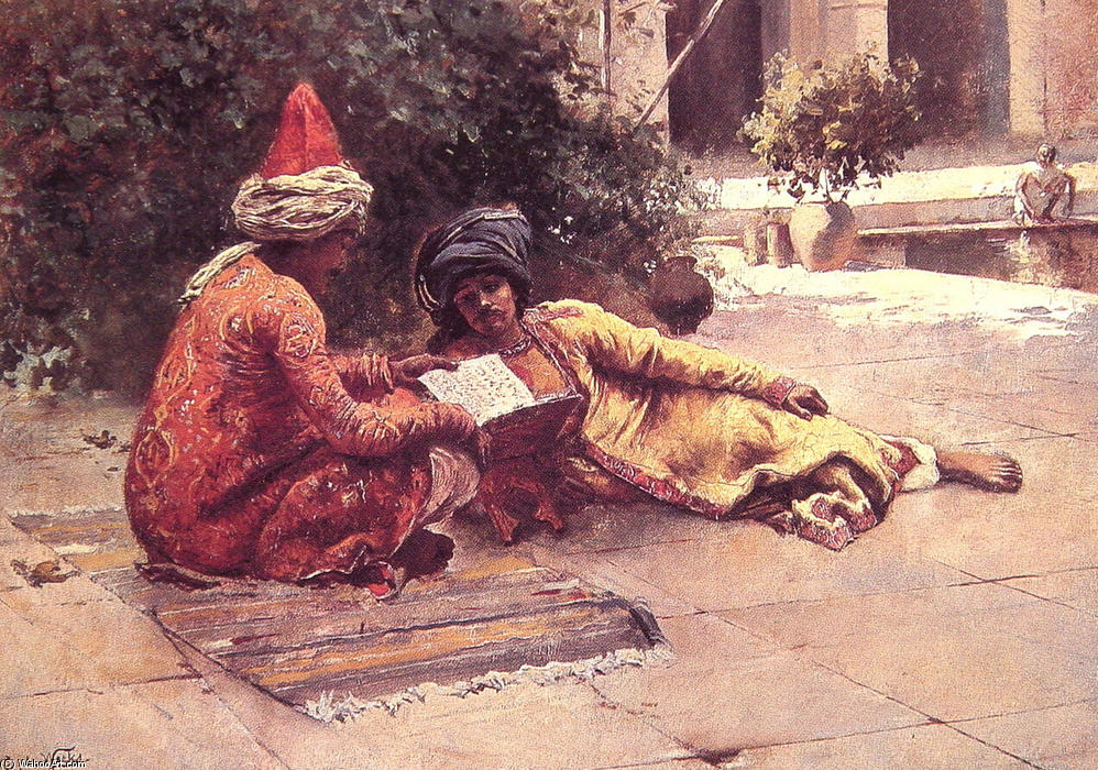 Wikioo.org - The Encyclopedia of Fine Arts - Painting, Artwork by Edwin Lord Weeks - Two Arabs Reading in a Courtyard